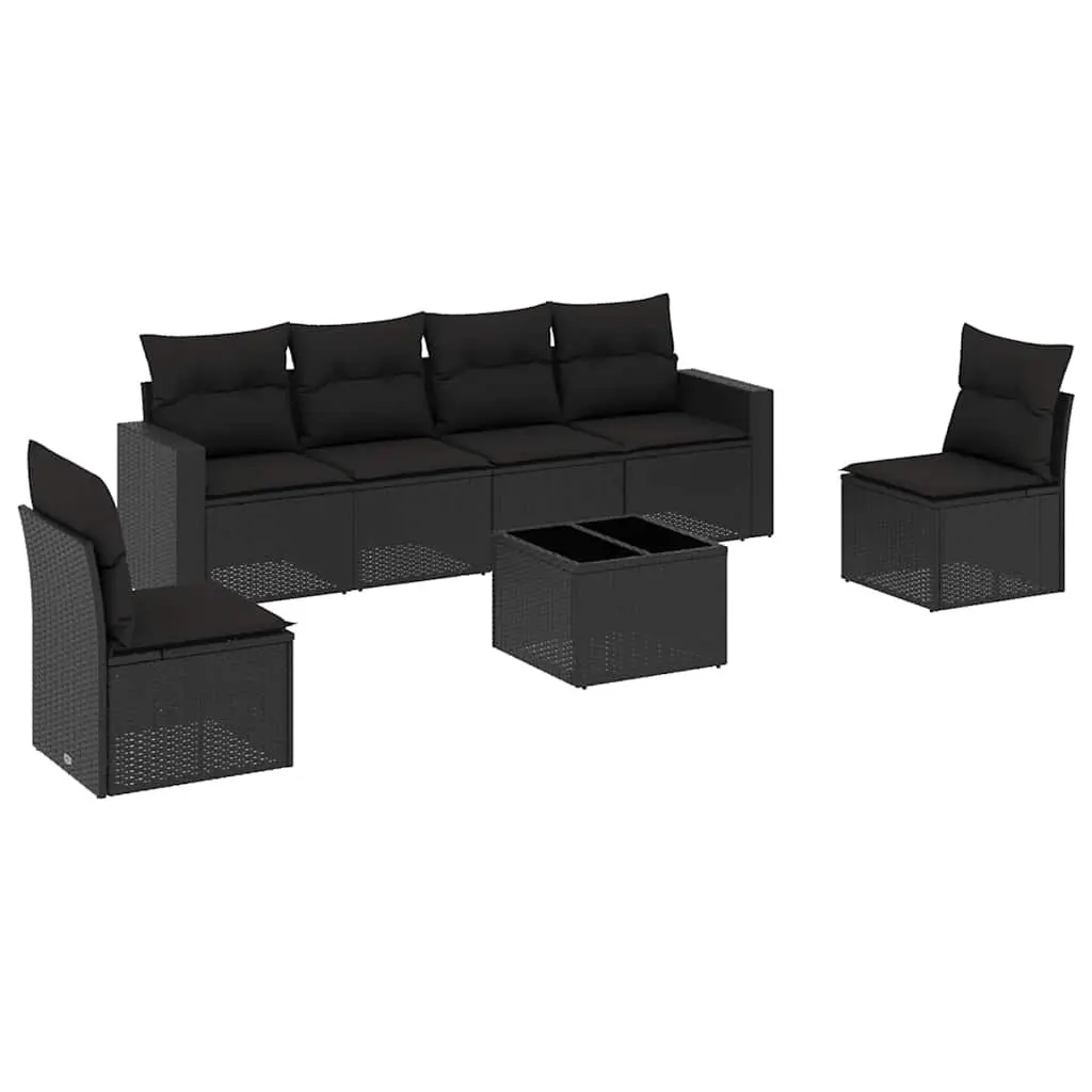 7 Piece Garden Sofa Set Outdoor Patio Furniture Black Poly Rattan with Cushions