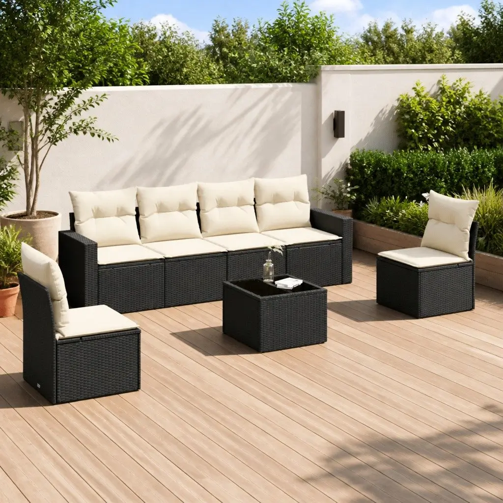 7 Piece Garden Sofa Set Black PE Rattan Outdoor Patio Furniture with Cushions and Glass Table