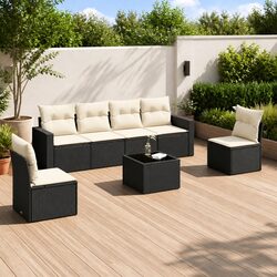 7 Piece Garden Sofa Set Black Poly Rattan Outdoor Patio Furniture Cushions Table