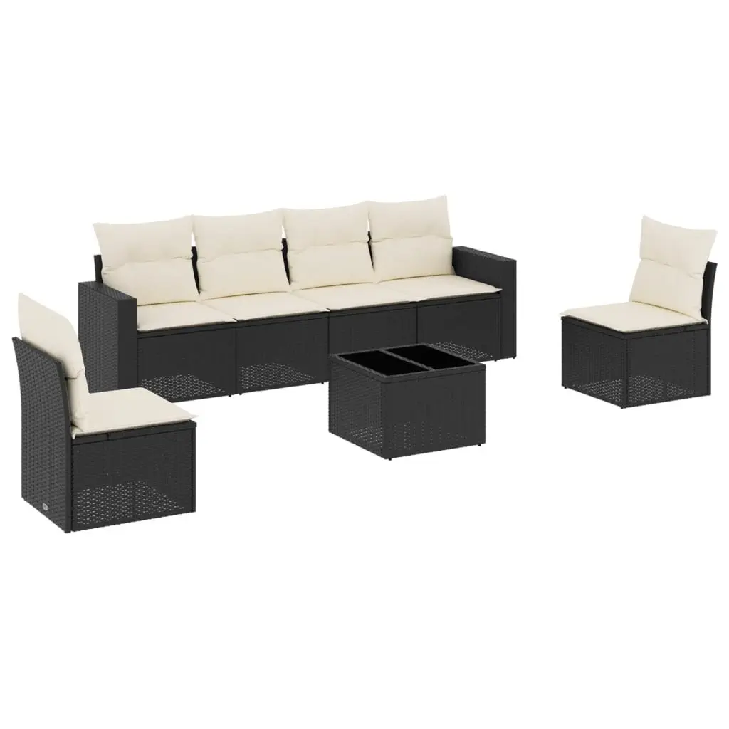 7 Piece Garden Sofa Set Black PE Rattan Outdoor Patio Furniture with Cushions and Glass Table