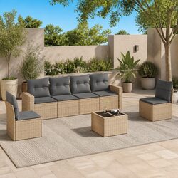 Garden Sofa Set 7 Piece Outdoor Furniture Beige Poly Rattan with Cushions Patio
