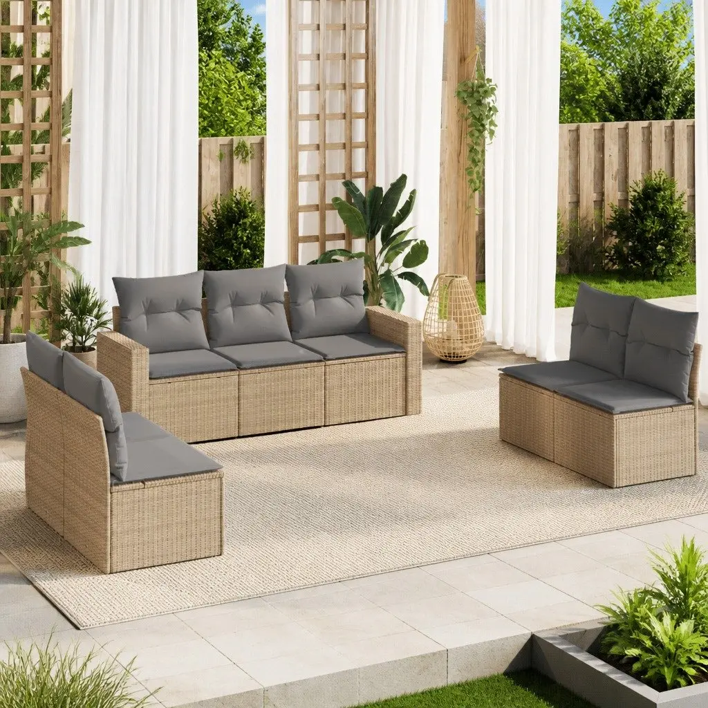 7 Piece Garden Sofa Set Outdoor Furniture Beige Poly Rattan with Cushions Patio