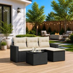 Garden Sofa Set 5 Piece Outdoor Furniture Black Poly Rattan Patio with Cushions