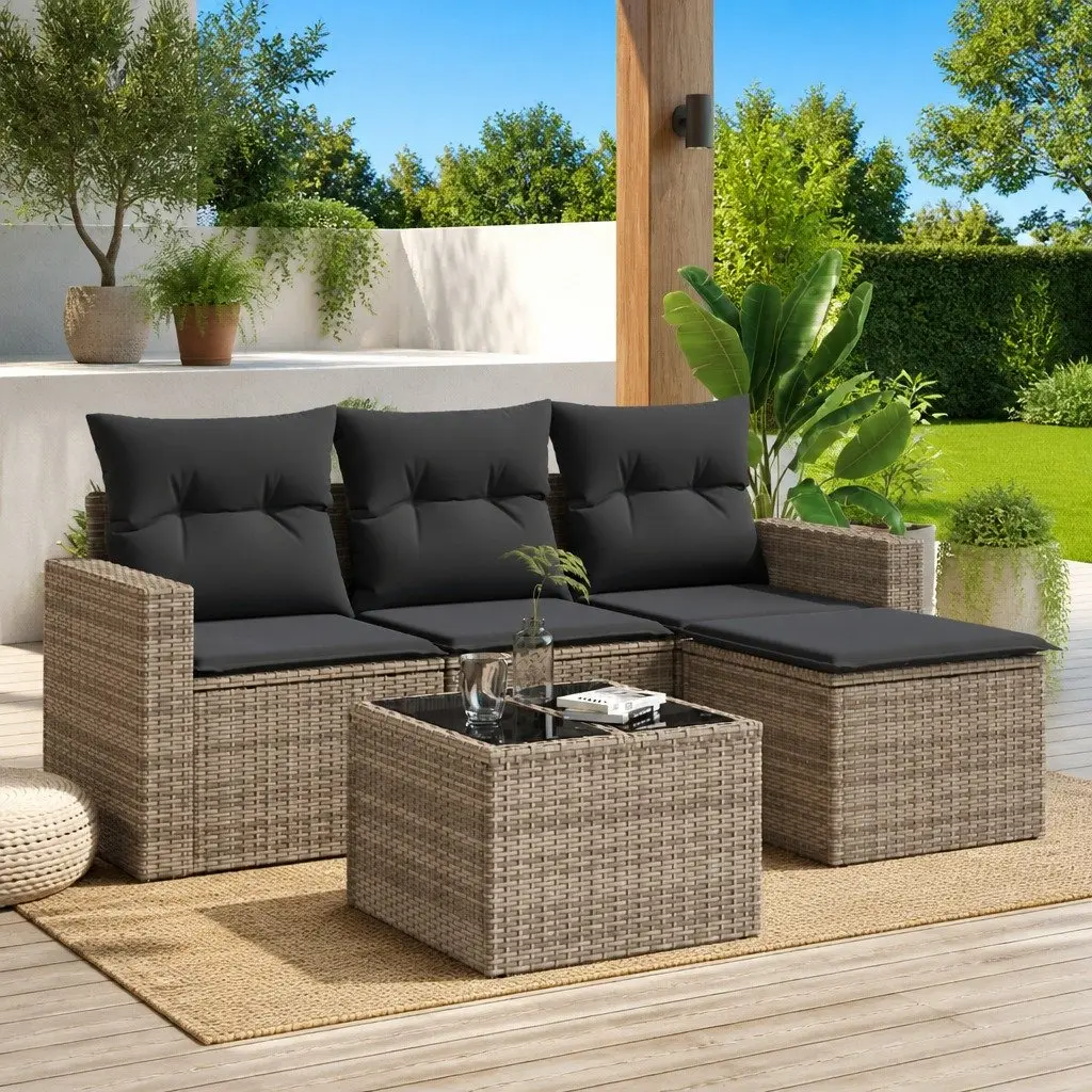 5 Piece Outdoor Garden Sofa Set Grey Poly Rattan Patio Furniture with Cushions