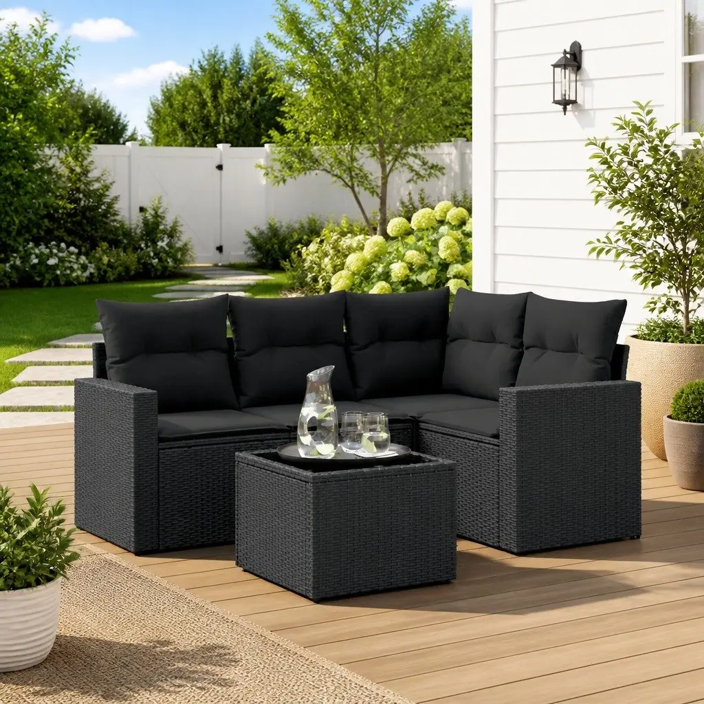 5 Piece Garden Sofa Set Outdoor Patio Furniture with Cushions Black Poly Rattan