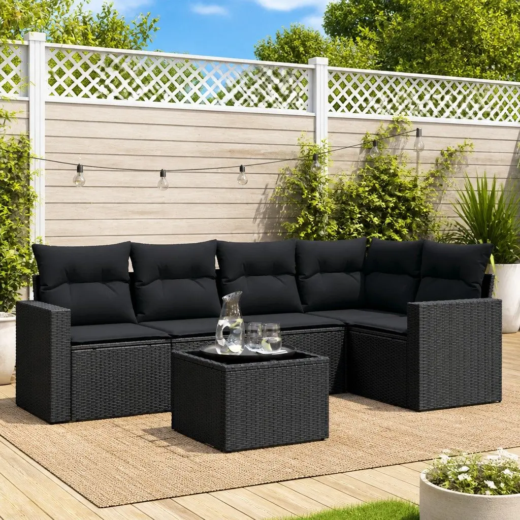 6 Piece Outdoor Garden Sofa Set Black Poly Rattan Furniture Patio with Cushions