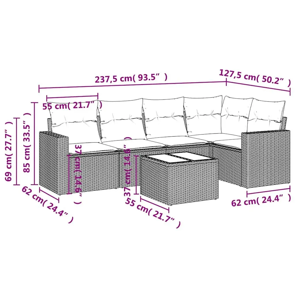6 Piece Outdoor Garden Sofa Set Black Poly Rattan Furniture Patio with Cushions