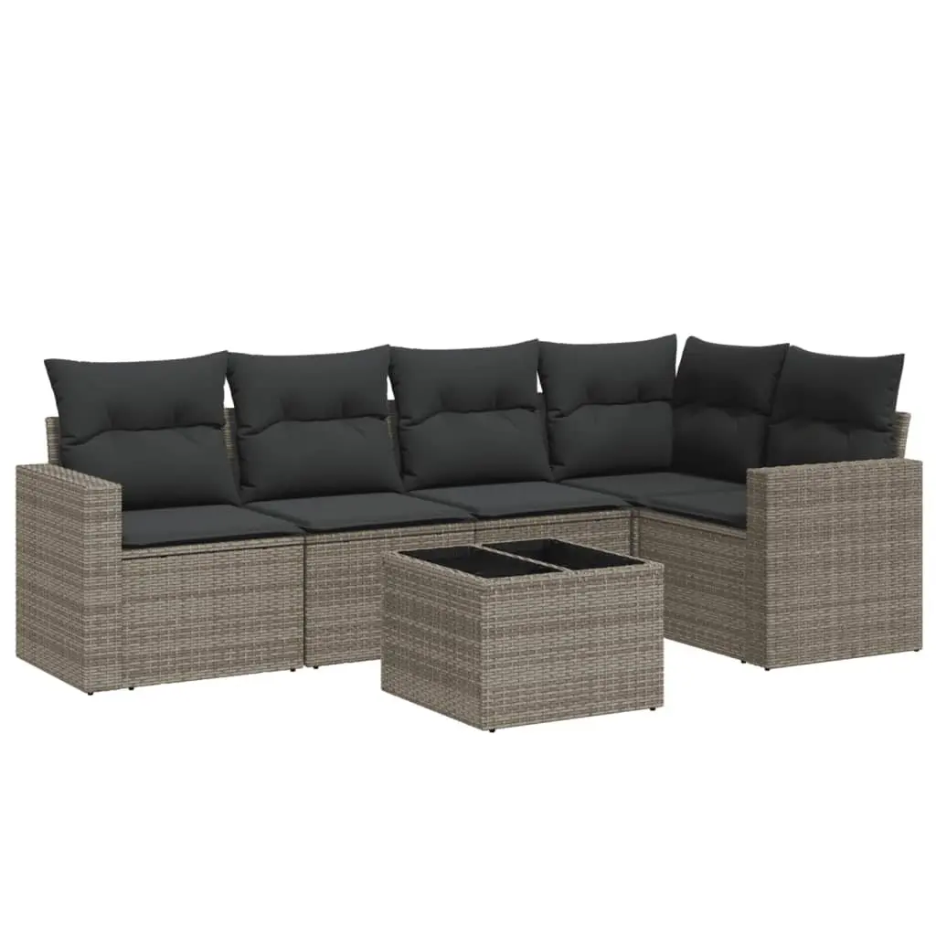 6 Piece Outdoor Garden Sofa Set Grey Poly Rattan Patio Furniture with Cushions