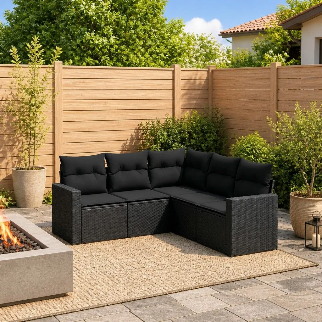 5 Piece Garden Sofa Set with Cushions Outdoor Patio Furniture Black Poly Rattan
