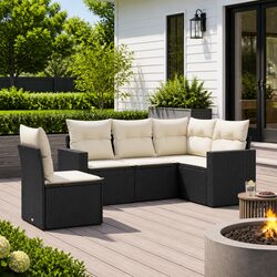 Garden Sofa Set 5 Piece Outdoor Furniture Black Poly Rattan with Cushions Patio