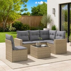Outdoor Garden Sofa Set 6 Piece Beige Poly Rattan with Cushions Patio Furniture