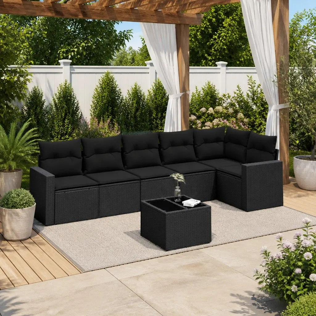 7 Piece Garden Sofa Set Outdoor Patio Furniture Black Poly Rattan with Cushions