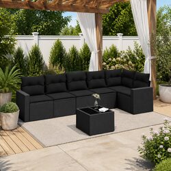 7 Piece Garden Sofa Set Outdoor Patio Furniture Black Poly Rattan with Cushions
