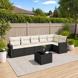 Garden Sofa Set 7 Piece Black Poly Rattan Outdoor Furniture with Cushions Table