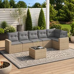 Garden Sofa Set 7 Piece Outdoor Furniture Beige Poly Rattan Modular with