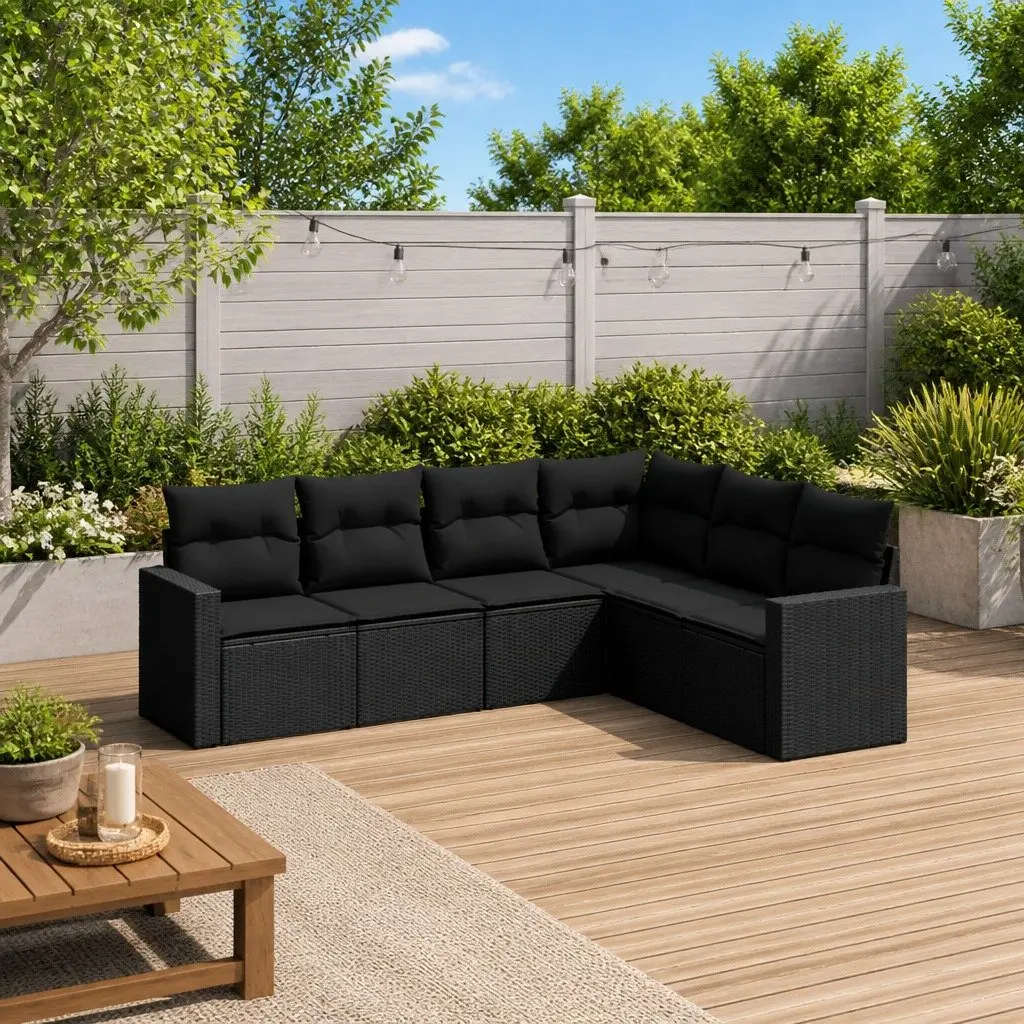 6 Piece Garden Sofa Set Black Poly Rattan Outdoor Furniture with Cushions Patio