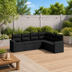 6 Piece Garden Sofa Set Black Poly Rattan Outdoor Furniture with Cushions Patio