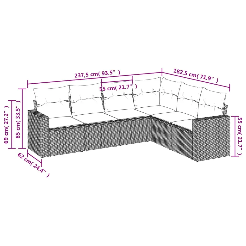 6 Piece Garden Sofa Set Outdoor Furniture Black Poly Rattan with Cushions Patio