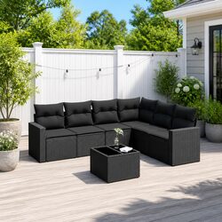 7 Piece Outdoor Garden Sofa Set with Cushions Black Poly Rattan Patio Furniture