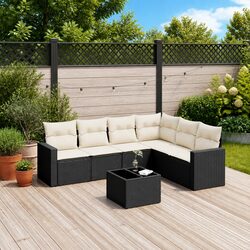 7 Piece Garden Sofa Set Outdoor Patio Furniture Black Poly Rattan with Cushions