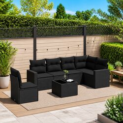7 Piece Outdoor Garden Sofa Set Poly Rattan Patio Furniture with Cushions Black
