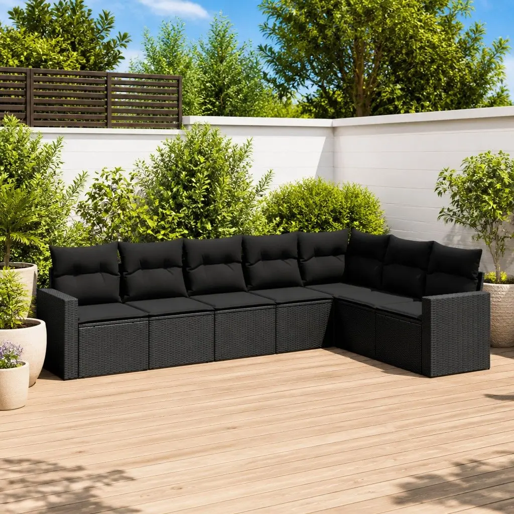 7 Piece Garden Sofa Set Outdoor Furniture Black Poly Rattan with Cushions Patio