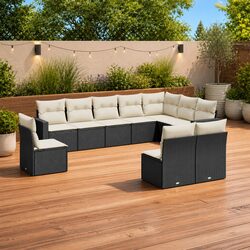 10 Piece Outdoor Garden Sofa Set with Cushions Black Poly Rattan Patio Furniture