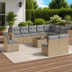 11 Piece Outdoor Garden Sofa Set Beige Poly Rattan Patio Furniture with Cushions