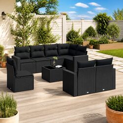 Outdoor Garden Sofa Set 9 Piece Black Poly Rattan with Cushions Patio Furniture