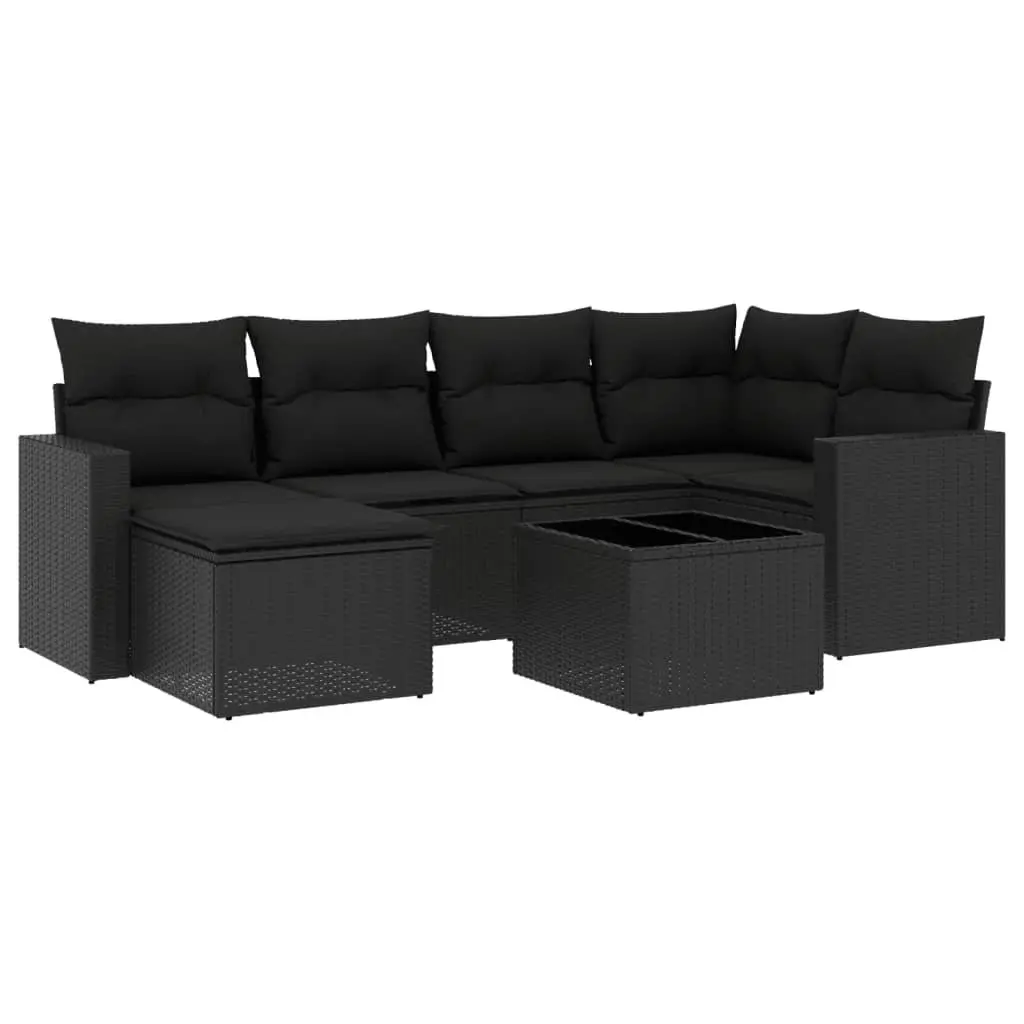 7 Piece Outdoor Garden Sofa Set with Cushions Black Poly Rattan Patio Furniture