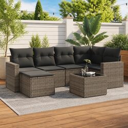 Garden Sofa Set 7 Piece Outdoor Furniture Grey Poly Rattan with Cushions Table