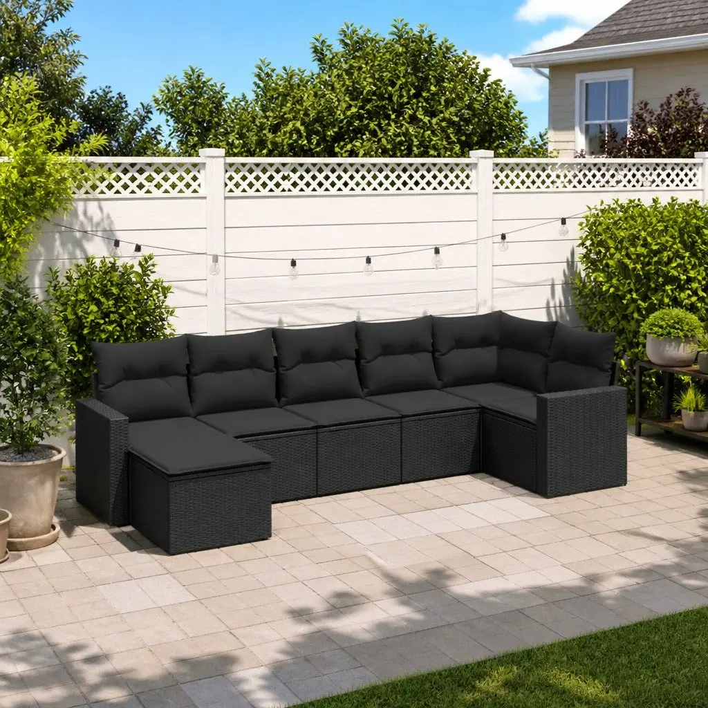 7 Piece Outdoor Garden Sofa Set with Cushions Black Poly Rattan Patio Furniture
