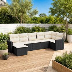 7 Piece Outdoor Garden Sofa Set with Cushions Black Poly Rattan Patio Furniture