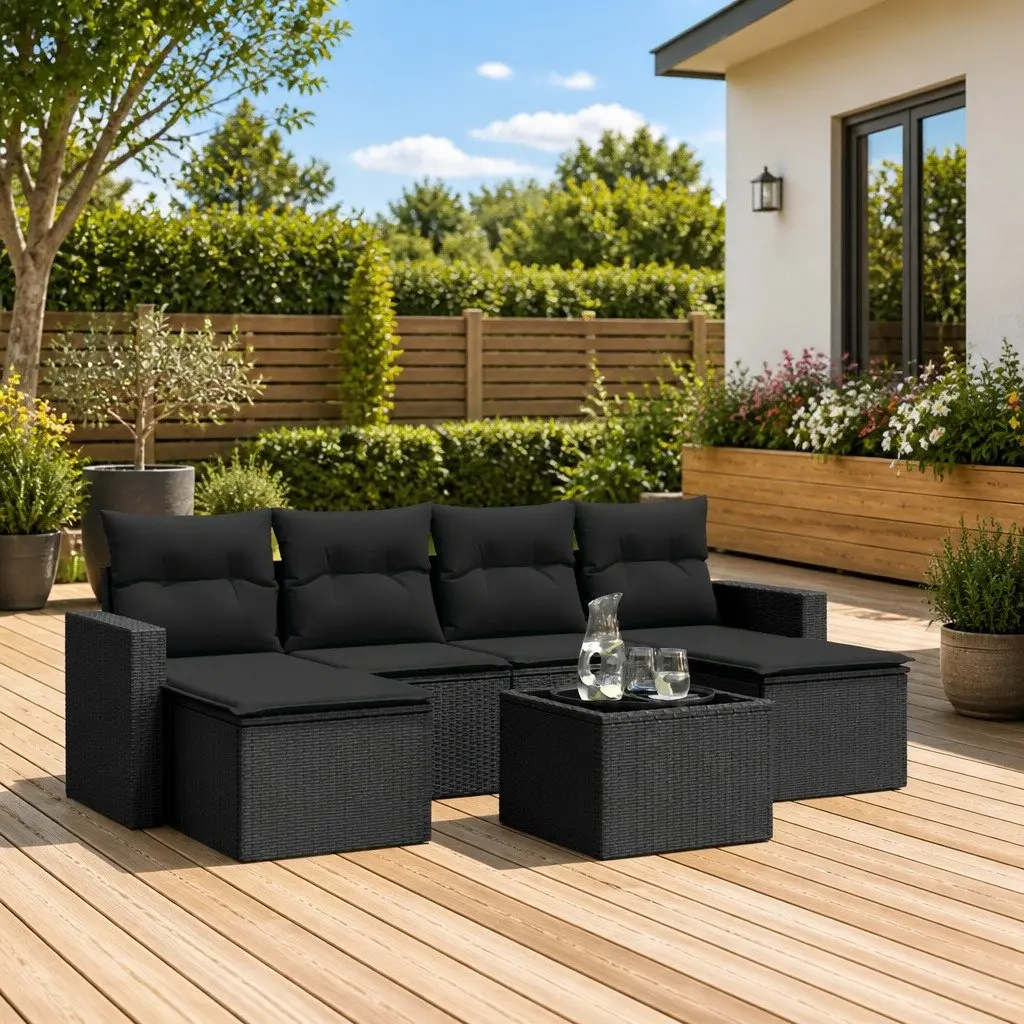 7 Piece Outdoor Garden Sofa Set Black Poly Rattan Patio Furniture with Cushions