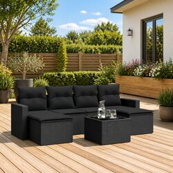 7 Piece Outdoor Garden Sofa Set Black Poly Rattan Patio Furniture with Cushions