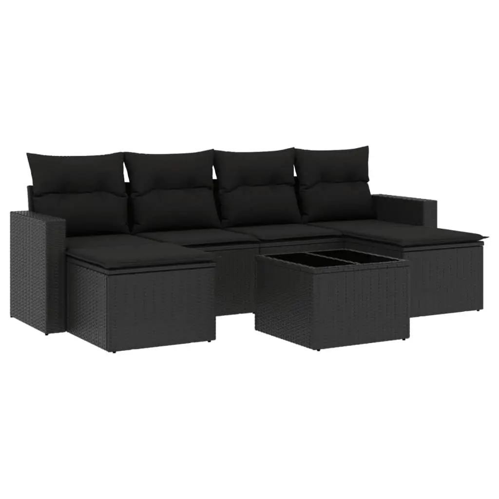 7 Piece Outdoor Garden Sofa Set Black Poly Rattan Patio Furniture with Cushions