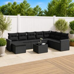 9 Piece Outdoor Garden Sofa Set Black Poly Rattan Patio Furniture with Cushions