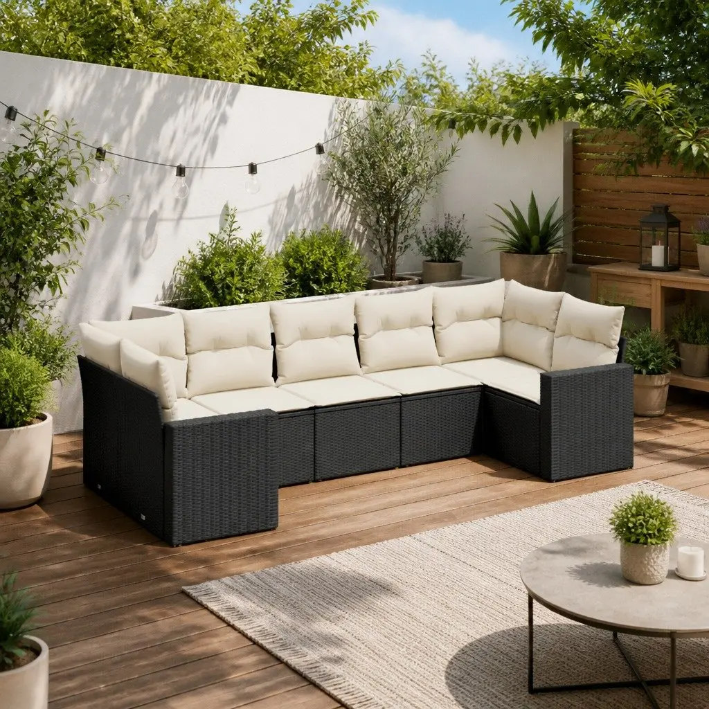 7 Piece Garden Sofa Set Outdoor Furniture Black Poly Rattan Cushions Patio