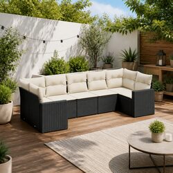 7 Piece Garden Sofa Set Outdoor Furniture Black Poly Rattan Cushions Patio