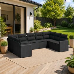 9 Piece Outdoor Garden Sofa Set with Cushions Black Poly Rattan Patio Furniture