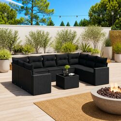 Garden Sofa Set 10 Piece Outdoor Patio Furniture Black Poly Rattan with Cushions