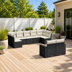 9 Piece Outdoor Garden Sofa Set with Cushions Black Poly Rattan Patio Furniture