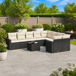 10 Piece Outdoor Garden Sofa Set Black Poly Rattan Patio Furniture with Cushions