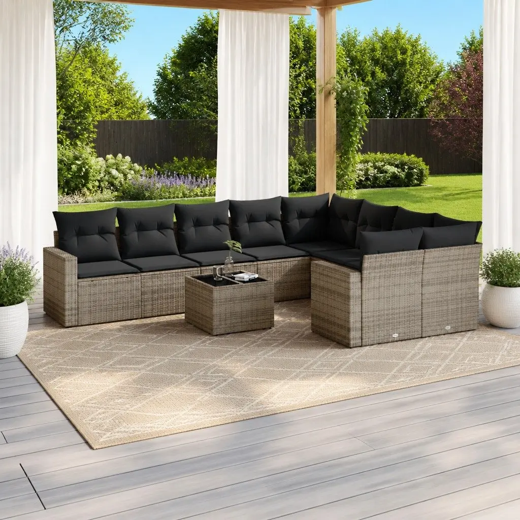 10 Piece Garden Sofa Set Grey Poly Rattan Outdoor Furniture with Cushions