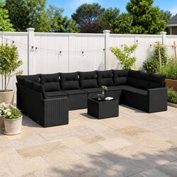 Garden Sofa Set 11 Piece Outdoor Furniture Patio Black Poly Rattan with Cushions