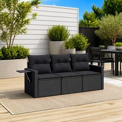 Outdoor Garden Sofa Set 3 Piece Black Poly Rattan Patio Furniture with Cushions