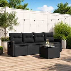 Garden Sofa Set 5 Piece Outdoor Patio Furniture Black Poly Rattan with Cushions