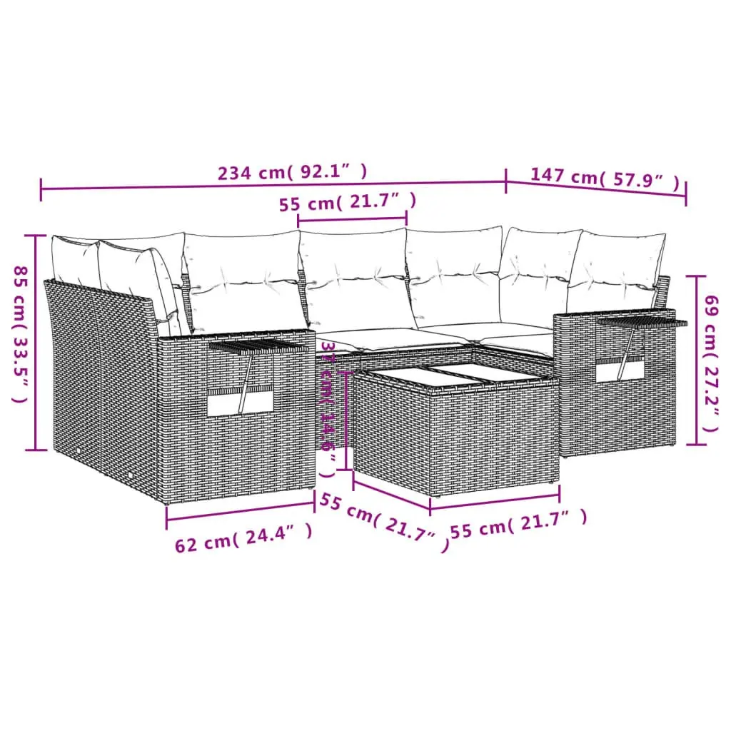 7 Piece Outdoor Garden Sofa Set Black Poly Rattan Patio Furniture with Cushions