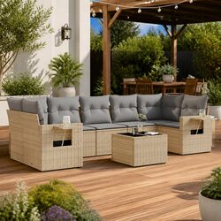 Garden Sofa Set 8 Piece Outdoor Furniture Beige Poly Rattan Patio Seating with