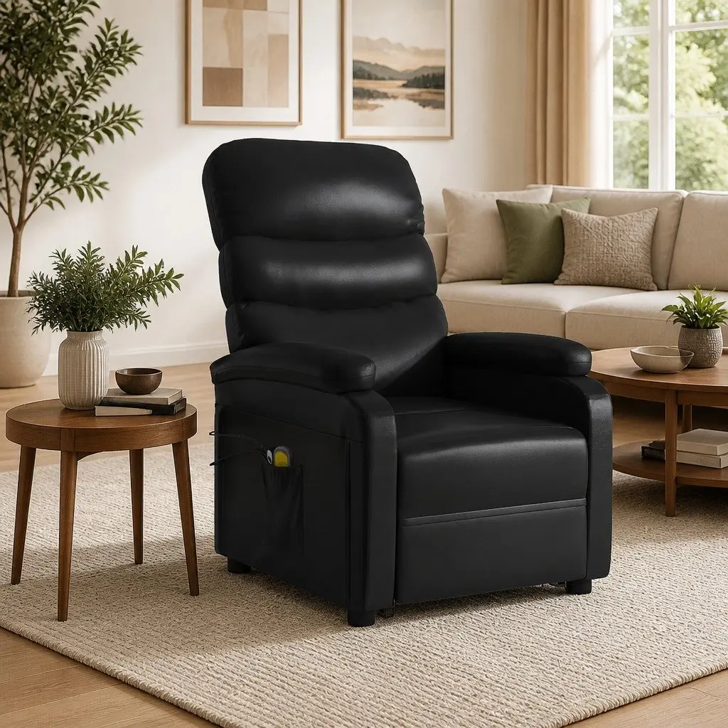 Electric Massage Recliner Chair Stand Up Lift Function Black Faux Leather